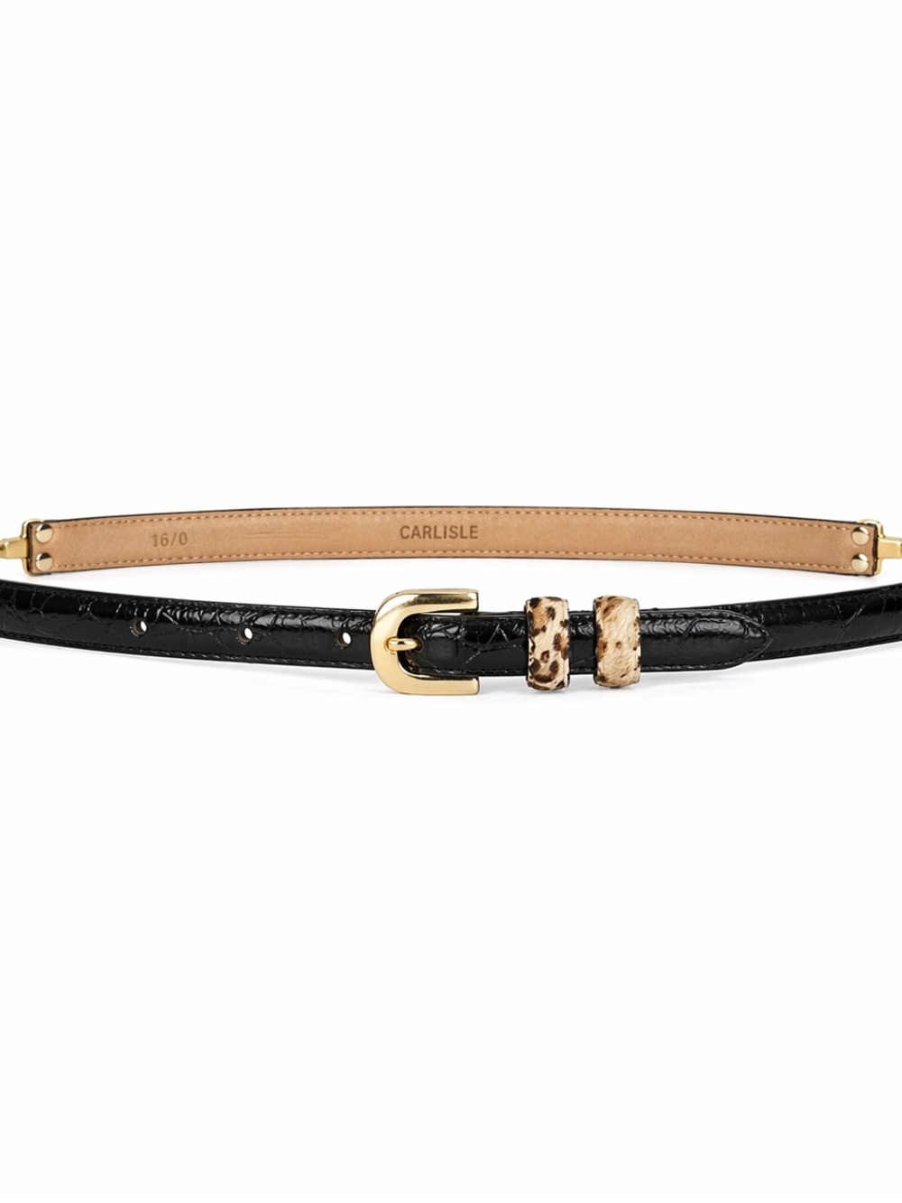 Carlisle Y2K Black Croc-LookLeather Belt with Leopard Loop and Gold-Tone Buckle